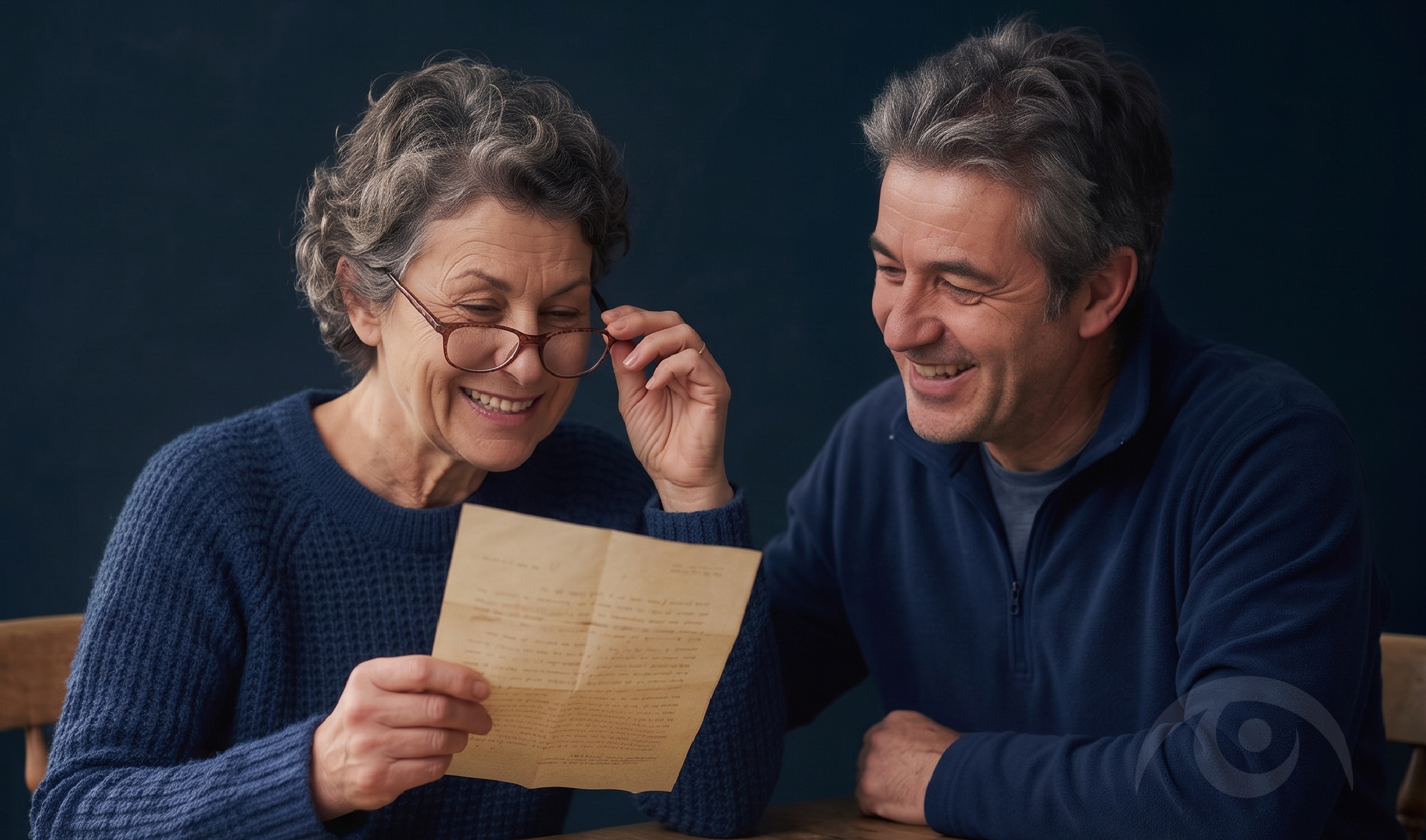 Ilustración fotorrealista de una paciente de 40 años experimentando presbicia o vista cansada, intentando leer un documento mientras aleja el papel y sostiene sus gafas con humor.