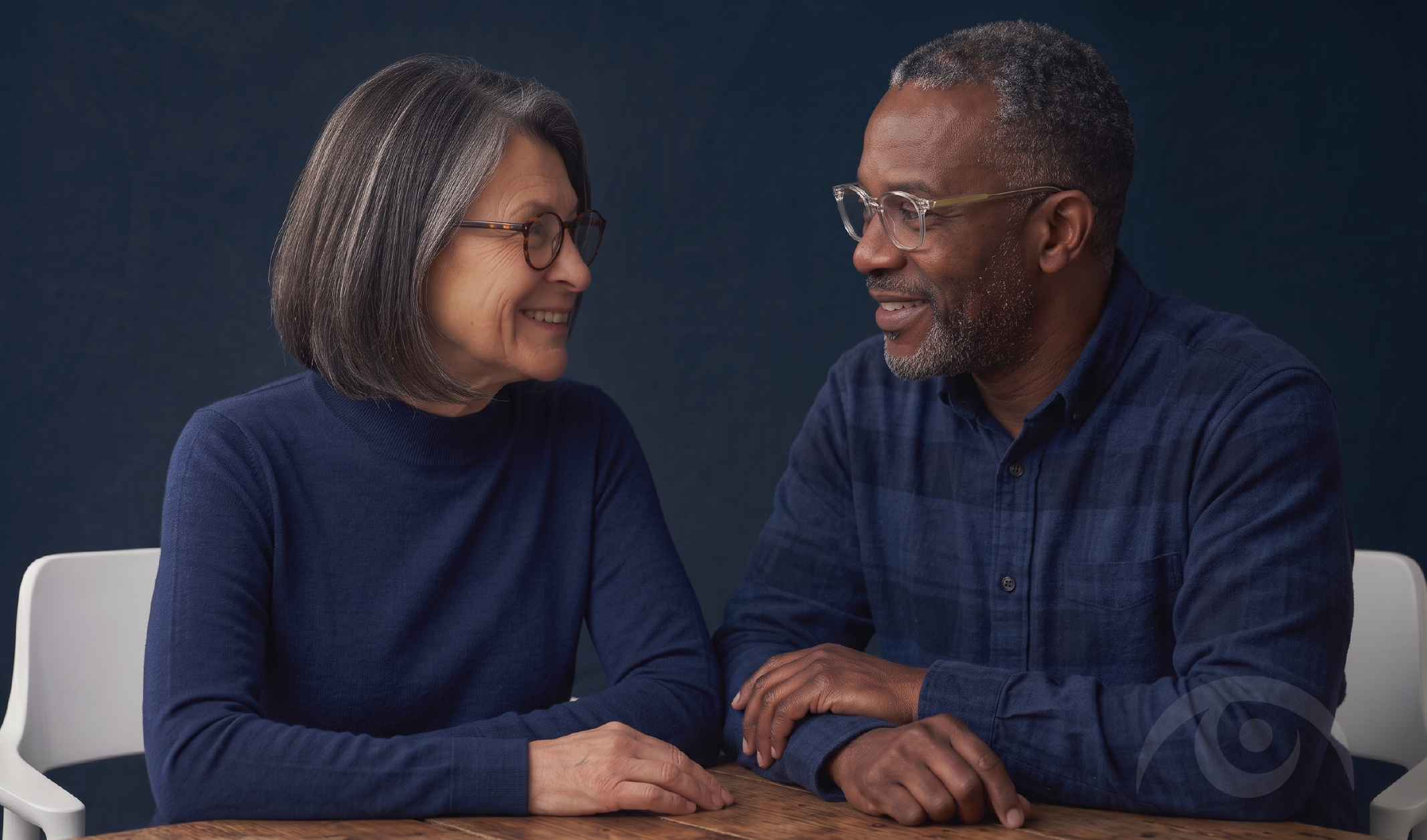 Ilustración digital de una pareja adulta con gafas conversando en una mesa, representando la salud visual y el cuidado tras cirugía corneal en Bogotá.
